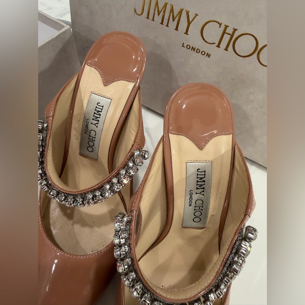 Jimmy Choo Nude Patent Pointed-Toe Mules with Crystal Strap - Picture 4 of 5
